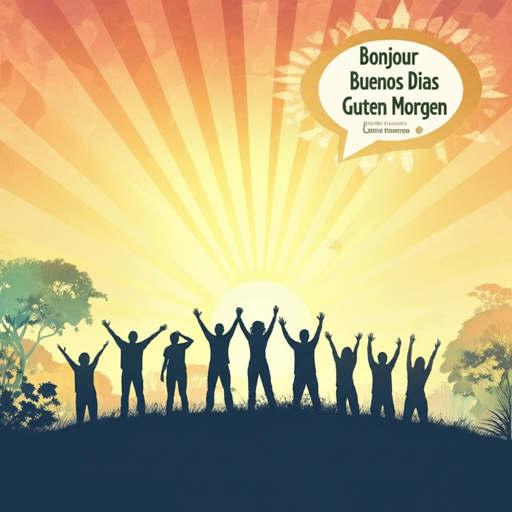Diverse good morning greetings: phrases, sunshine, and coffee illustration.