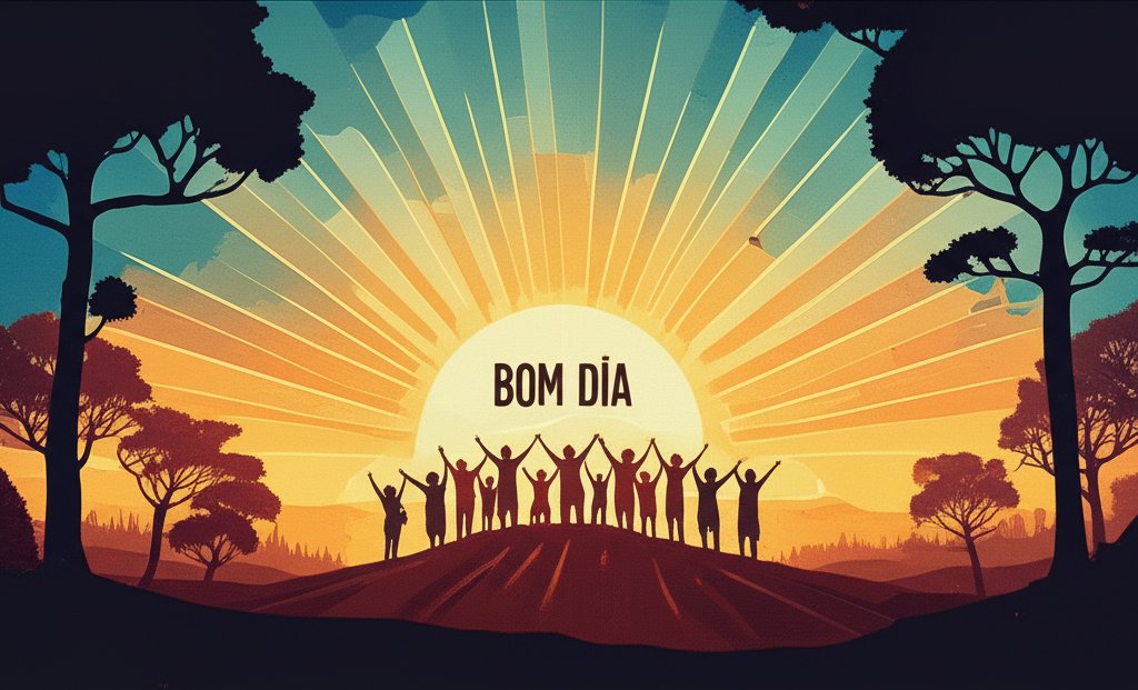 Bom dia in Portuguese. Good morning greeting with sunshine and coffee.